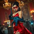 A dangerously armed asian feme fatale in silk red dress at a masquerade ball, Cybernatic and Sci-Fi, Cyberpunk, Sci-Fi