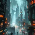 A fantasy cyberpunk city, Highly Detailed, Intricate Artwork, Cybernatic and Sci-Fi, Photo Realistic, Volumetric Lighting