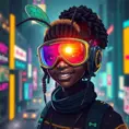 A Cyberpunk half bee and half Human girl with vizor, Afrofuturism, Cybernatic and Sci-Fi, Cityscape, Bloom light effect, Colorful, Ecstatic, Exciting, Joyful