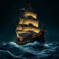 Close up of a Pirate Ship in rough seas on a dark starry night, Intricate, Ultra Detailed, Symmetry, Beautiful, Sharp Focus, Astrophotography, Centered, Volumetric Lighting by Stanley Artgerm Lau