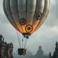 White steampunk hot air balloon with gears, Victorian style Ancient buildings, archeological ruins of lost civilizations and technology, Steampunk, Iridescence