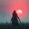 Female assassin creed emerging from a batte field. Sky is colored by a red sun set., Dystopian, Trending on Artstation, Volumetric Lighting