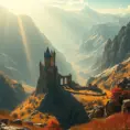 A beautiful medieval castle ruins in the mountains, forgotten valley, wide shot, horizon, sunrays, 4k resolution, Atmospheric, Hyper Detailed, Trending on Artstation, Sunny Day, Golden Hour, Volumetric Lighting, Concept Art, Digital Art, Fantasy by Shinji Aramaki, Posuka Demizu