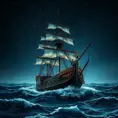 Close up of a Pirate Ship in rough seas on a dark starry night, Intricate, Ultra Detailed, Symmetry, Beautiful, Sharp Focus, Astrophotography, Centered, Volumetric Lighting by Stanley Artgerm Lau