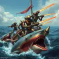 Six robots on a boat with harpoons, battling sharks with lasers strapped to their heads, Highly Detailed, Steampunk by Stanley Artgerm Lau