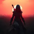 Female assassin creed emerging from a batte field. Sky is colored by a red sun set., Dystopian, Trending on Artstation, Volumetric Lighting by Stefan Kostic