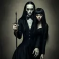 American Gothic Morticia Addams, Gothic and Fantasy, Half Body, Portrait, Threatening