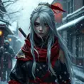 Mysterious beautiful white kunoichi ninja wearing black, red and gold in the streets of a dark snowy town in russia, 8k, Intricate Details, Trending on Artstation, White Hair by Greg Rutkowski