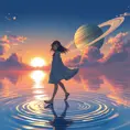 Anime girl walking on water, ripples, backdrop of dawn, saturn in the background, Highly Detailed, Beautiful, Digital Painting, Anime, Fantasy by Studio Ghibli