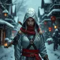 Mysterious beautiful white kunoichi ninja wearing black, red and gold in the streets of a dark snowy town in russia, Intricate Details, Photo Realistic
