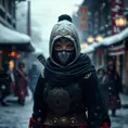 Mysterious beautiful white kunoichi ninja wearing black, red and gold in the streets of a dark snowy town in russia, Intricate Details, Bokeh effect, Photo Realistic, Volumetric Lighting by Stefan Kostic