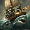 Six robots on a boat with harpoons, battling sharks with lasers strapped to their heads, Highly Detailed, Steampunk by Stanley Artgerm Lau
