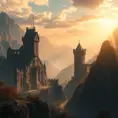 A beautiful medieval castle ruins in the mountains, forgotten valley, wide shot, horizon, sunrays, 4k resolution, Atmospheric, Hyper Detailed, Trending on Artstation, Sunny Day, Golden Hour, Volumetric Lighting, Concept Art, Digital Art, Fantasy by Shinji Aramaki, Posuka Demizu