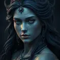 Matte portrait of the beautiful Artemis in dark blue, Highly Detailed, Intricate, Realistic, Sharp Focus, Volumetric Lighting, Fantasy, Elegant by Stanley Artgerm Lau