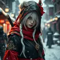 Mysterious beautiful white kunoichi ninja wearing black, red and gold in the streets of a dark snowy town in russia, Intricate Details, White Hair, Photo Realistic