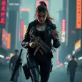 full body shot, armed beautiful woman walking with detailed eyes, dynamic pose, athletic , Cybernatic and Sci-Fi, Cyberpunk, Cityscape, Blade Runner 2049, Neon light effect, Neon, Futurism, Threatening by Stefan Kostic