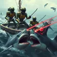 Six robots on a boat with harpoons, battling sharks with lasers strapped to their heads, Steampunk