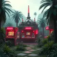 80s futuristic outdoor retro arcade, desolate, lush vegetation, Highly Detailed, Intricate, Artstation, Sharp Focus, Smooth, Octane Render, Centered, Dynamic, Elegant by Beeple, Justin Gerard, James Gilleard, Simon Stalenhag