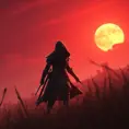 Female assassin creed emerging from a batte field. Sky is colored by a red sun set., Dystopian, Trending on Artstation, Volumetric Lighting by Stefan Kostic