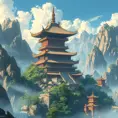 landscape of a large chinese temple in the tall mountains, Highly Detailed, Beautiful, Digital Painting, Anime, Fantasy by Studio Ghibli