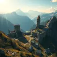 A beautiful medieval castle ruins in the mountains, forgotten valley, wide shot, horizon, sunrays, 4k resolution, Atmospheric, Hyper Detailed, Trending on Artstation, Sunny Day, Golden Hour, Volumetric Lighting, Concept Art, Digital Art, Fantasy by Shinji Aramaki, Posuka Demizu