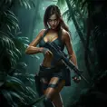 Full body portrait of a beautiful armed Lara Croft emerging from the jungle, Highly Detailed, Intricate, Sharp Focus, Volumetric Lighting, Fantasy, Elegant, Threatening by Greg Rutkowski