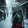 Mysterious beautiful white kunoichi ninja wearing black, red and gold in the streets of a dark snowy town in russia, Intricate Details, White Hair, Photo Realistic by Greg Rutkowski