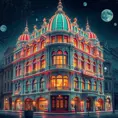 art nuveau exterior fantasy colorful building office space futuristic rococco baroques victorian, Highly Detailed, Masterpiece, Vintage Illustration, Cinematic Lighting, Photo Realistic, Sharp Focus, Smooth, Digital Art, Vector Art, Soft