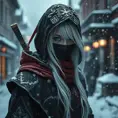 Mysterious beautiful white kunoichi ninja wearing black, red and gold in the streets of a dark snowy town in russia, Intricate Details, White Hair, Photo Realistic by Stefan Kostic