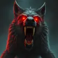 large evil wolf howling, red eyes, big teeth, Eldritch, Fantasy, Apocalyptic, Doom, Dreadful, Forbidding, Frightful, Harrowing, Ominous, Shocking, Terrifying, Threatening, Unnerving