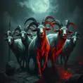 A flock of evil goats monsters, Eldritch, Fantasy, Apocalyptic, Doom, Dreadful, Forbidding, Frightful, Harrowing, Ominous, Shocking, Terrifying, Threatening, Unnerving