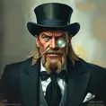 Hulk Hogan wearing a top hat and a monocle, Intricate Artwork, Intricate Details, Half Body, Beautiful, Matte Painting, Sharp Focus, Portrait, Fantasy, Threatening by Stefan Kostic