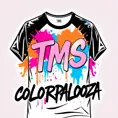 poster graphic for a color run event. On a white t-shirt, with black, pink, blue, orange and purple colors. Text on the shirt should say TMS on top and COLORPALOOZA underneath it. Graffiti feel in a vector style, Poster