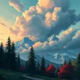 painting of evening sky, low thunder clouds foothpath with trees at indian summer with zugspitze fitz roy in background, colours green, red, blue black and white, acuarela, Highly Detailed, Beautiful, Digital Painting, Anime, Fantasy by Studio Ghibli