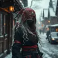 Mysterious beautiful white kunoichi ninja wearing black, red and gold in the streets of a dark snowy town in russia, Intricate Details, Photo Realistic by Greg Rutkowski