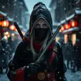 Mysterious beautiful white kunoichi ninja wearing black, red and gold in the streets of a dark snowy town in russia, Intricate Details, Bokeh effect, Photo Realistic, Volumetric Lighting by Stefan Kostic
