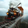 A futuristic hybrid of a steam engine train and a DaVinci flying machine, Steampunk