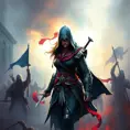 Kassandra from Assassin's Creed emerging from the fog of war, Highly Detailed, Vibrant Colors, Ink Art, Fantasy, Dark by Stanley Artgerm Lau