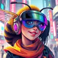 A Cyberpunk half bee and half Human girl with vizor, Cybernatic and Sci-Fi, Cityscape, Bloom light effect, Colorful, Ecstatic, Exciting, Joyful by Stefan Kostic