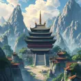 landscape of a large chinese temple in the tall mountains, Highly Detailed, Beautiful, Digital Painting, Anime, Fantasy by Studio Ghibli