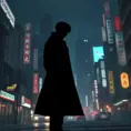 Silhouette of a long trenchcoat in a japanese cyberpunk city at night, 8k, Hyper Detailed, Intricate Details, Trending on Artstation, Epic, Comic, Sharp Focus, Deviantart, Beautifully Lit by Alena Aenami, Studio Ghibli