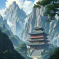 landscape of a large chinese temple in the tall mountains, Highly Detailed, Beautiful, Digital Painting, Anime, Fantasy by Studio Ghibli