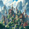 Buildings and homes of a maximalism fantasy city, Highly Detailed, Beautiful, Digital Painting, Anime, Fantasy by Studio Ghibli