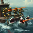 Six robots on a boat with harpoons, battling sharks with lasers strapped to their heads, Steampunk