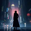 Silhouette of a long trenchcoat in a japanese cyberpunk city at night, 8k, Hyper Detailed, Intricate Details, Trending on Artstation, Epic, Comic, Sharp Focus, Deviantart, Beautifully Lit by Alena Aenami, Studio Ghibli