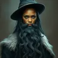 Rihanna as a wizard with a very long beard like Dumbledore, Intricate Artwork, Intricate Details, Half Body, Beautiful, Matte Painting, Sharp Focus, Portrait, Fantasy, Threatening by Stefan Kostic