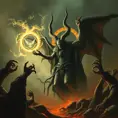 Satan in an Elden ring hell, Eldritch, Fantasy, Apocalyptic, Doom, Dreadful, Forbidding, Frightful, Harrowing, Ominous, Shocking, Terrifying, Threatening, Unnerving