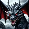 A black dragon with red eyes in 2d, Highly Detailed, Gothic and Fantasy, Horns, Large Eyes, Soft Details, Strong Jaw, Digital Illustration