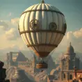 White steampunk hot air balloon with gears, Victorian style Ancient buildings, archeological ruins of lost civilizations and technology, Steampunk, Iridescence by Stanley Artgerm Lau