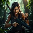 Full body portrait of a beautiful armed Lara Croft emerging from the jungle, Highly Detailed, Intricate, Sharp Focus, Volumetric Lighting, Fantasy, Elegant, Threatening by Stefan Kostic